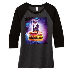 Space Galaxy Pitbull Riding Cheeseburger Women's Tri-Blend 3/4-Sleeve Raglan Shirt