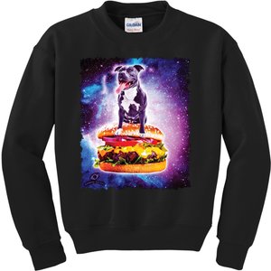 Space Galaxy Pitbull Riding Cheeseburger Kids Sweatshirt