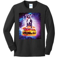 Space Galaxy Pitbull Riding Cheeseburger Kids Long Sleeve Shirt