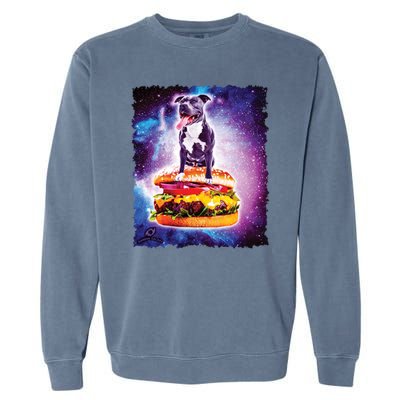 Space Galaxy Pitbull Riding Cheeseburger Garment-Dyed Sweatshirt