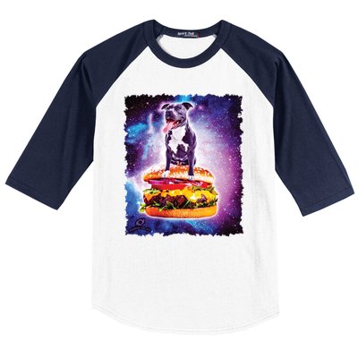 Space Galaxy Pitbull Riding Cheeseburger Baseball Sleeve Shirt