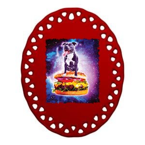 Space Galaxy Pitbull Riding Cheeseburger Ceramic Oval Ornament