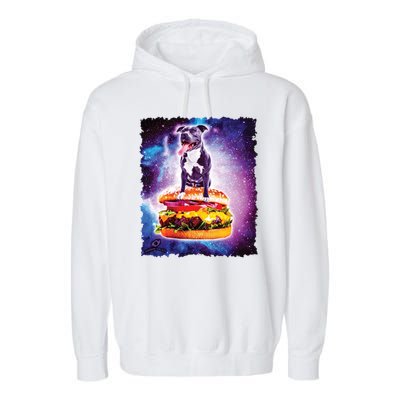 Space Galaxy Pitbull Riding Cheeseburger Garment-Dyed Fleece Hoodie