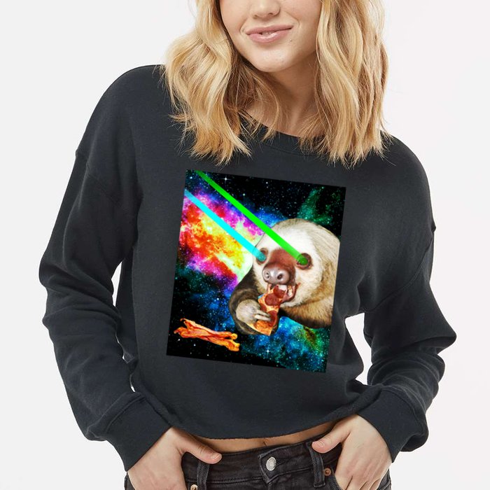 Space Hunger Dinner In Space Sloth Laser Pizza Cropped Pullover Crew
