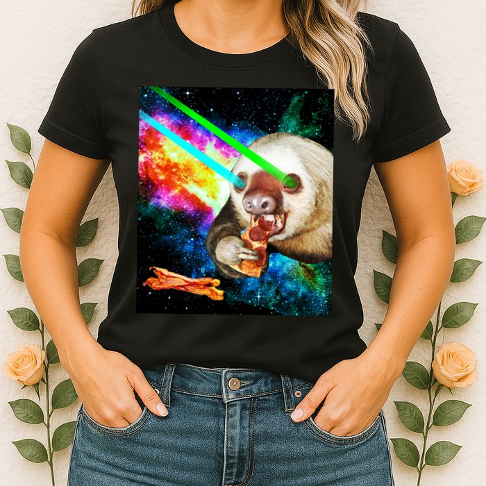 Space Hunger Dinner In Space Sloth Laser Pizza Womens T-Shirt