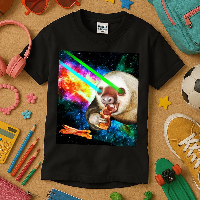 Space Hunger Dinner In Space Sloth Laser Pizza Kids T-Shirt