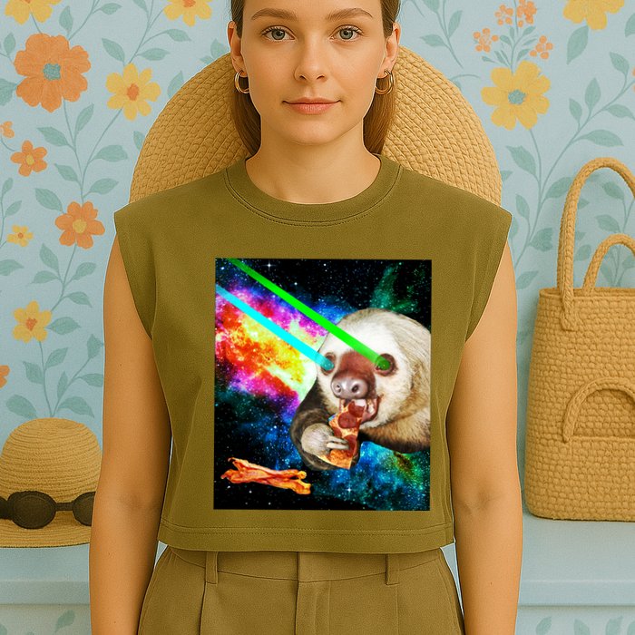 Space Hunger Dinner In Space Sloth Laser Pizza Garment-Dyed Women's Muscle Tee