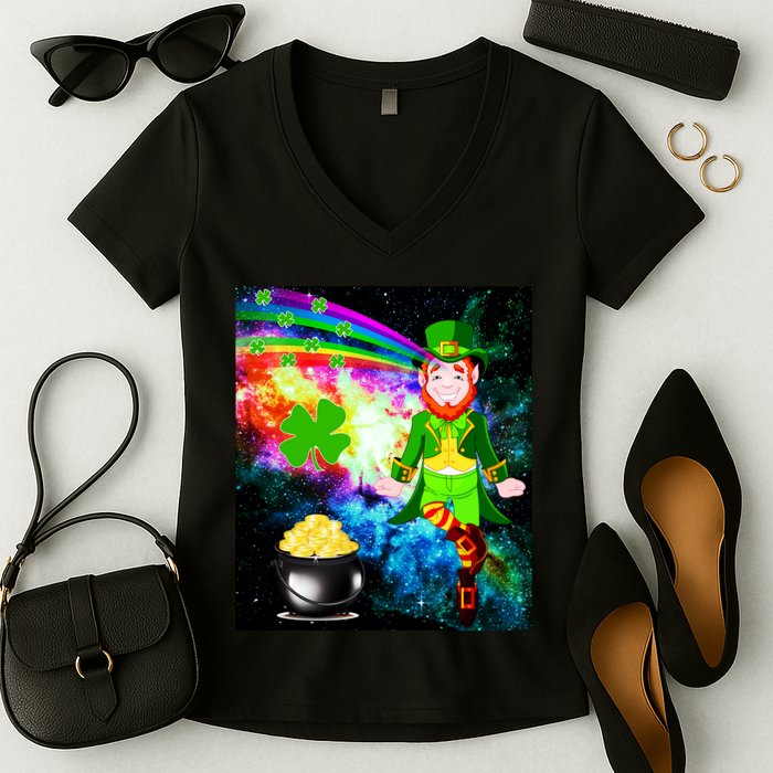 Space Hunger Irish in Space Rainbow Laser Women's V-Neck T-Shirt