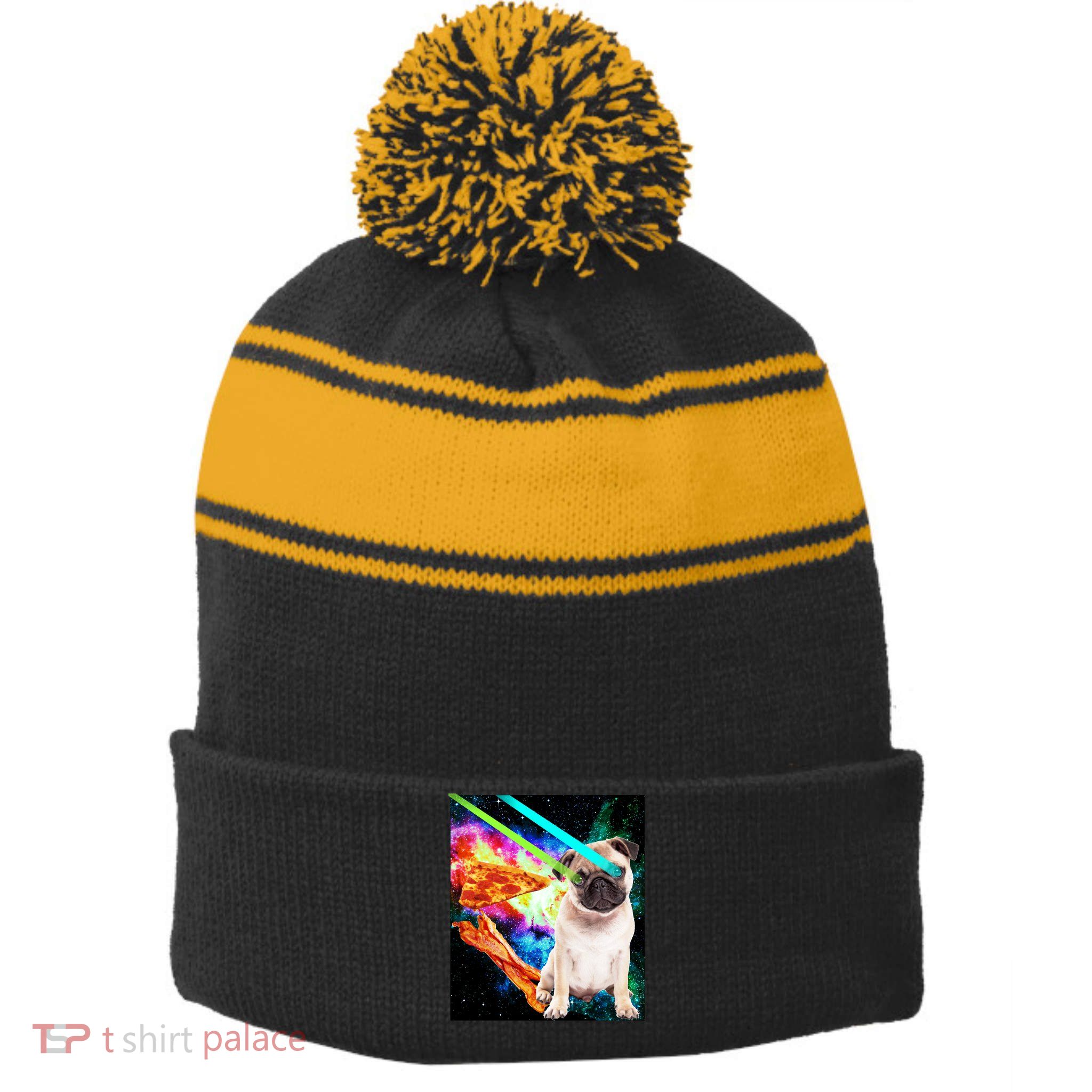 Space Hunger Pug Laser Pizza Bacon Stripe Pom Pom Beanie