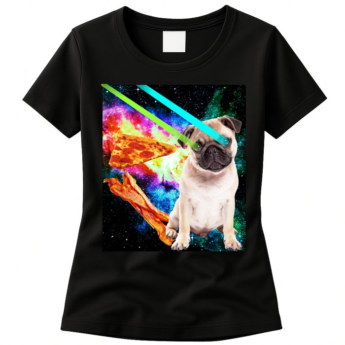 Space Hunger Pug Laser Pizza Bacon Womens T-Shirt