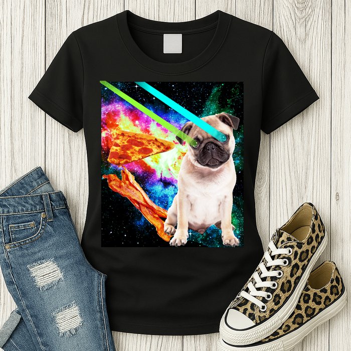 Space Hunger Pug Laser Pizza Bacon Womens T-Shirt