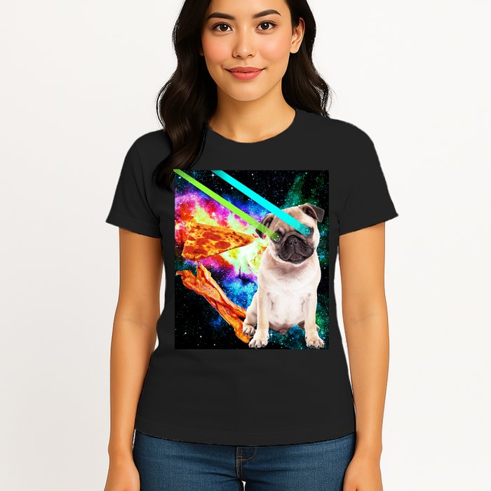 Space Hunger Pug Laser Pizza Bacon Womens T-Shirt