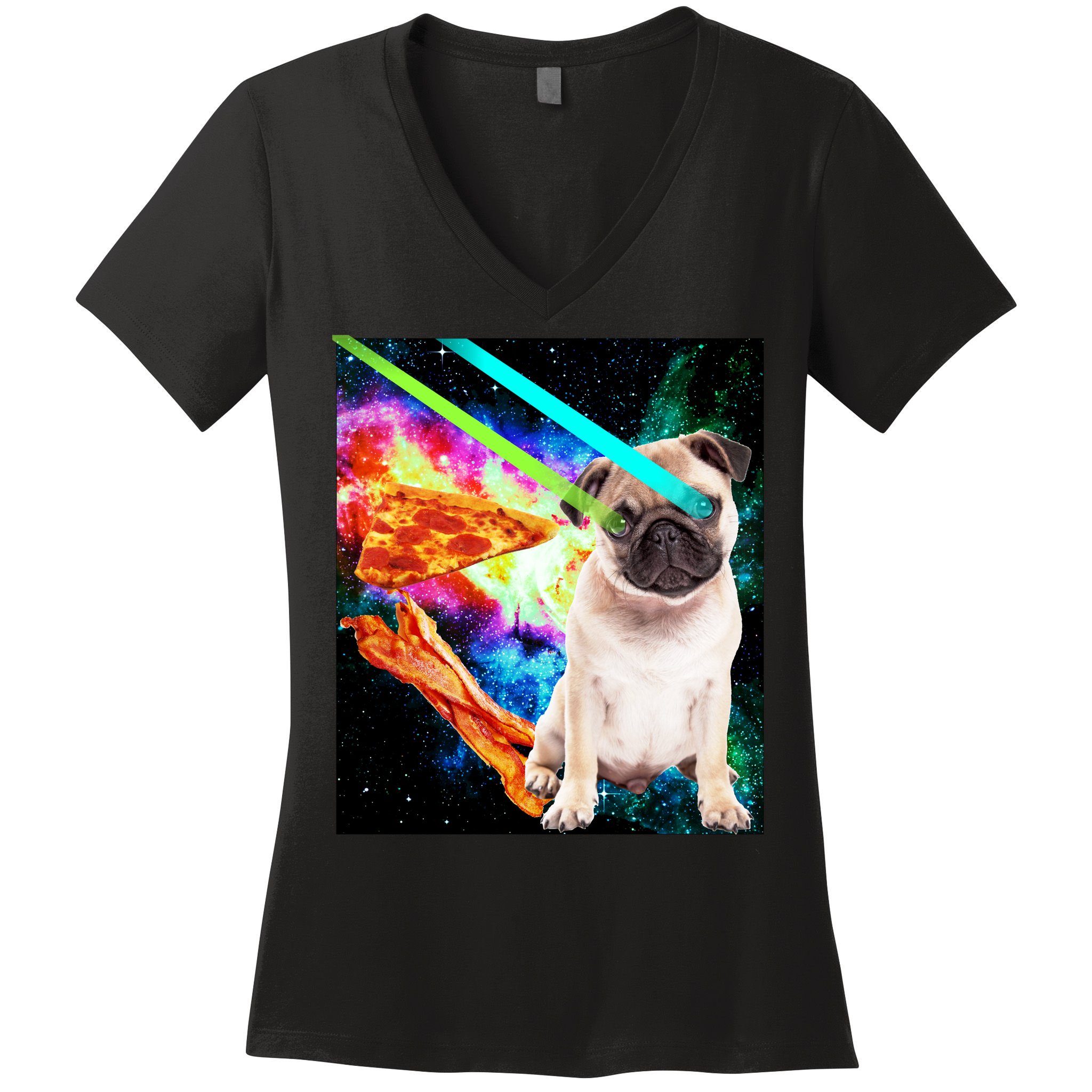 Space Hunger Pug Laser Pizza Bacon Women's V-Neck T-Shirt