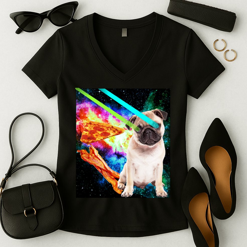 Space Hunger Pug Laser Pizza Bacon Women's V-Neck T-Shirt