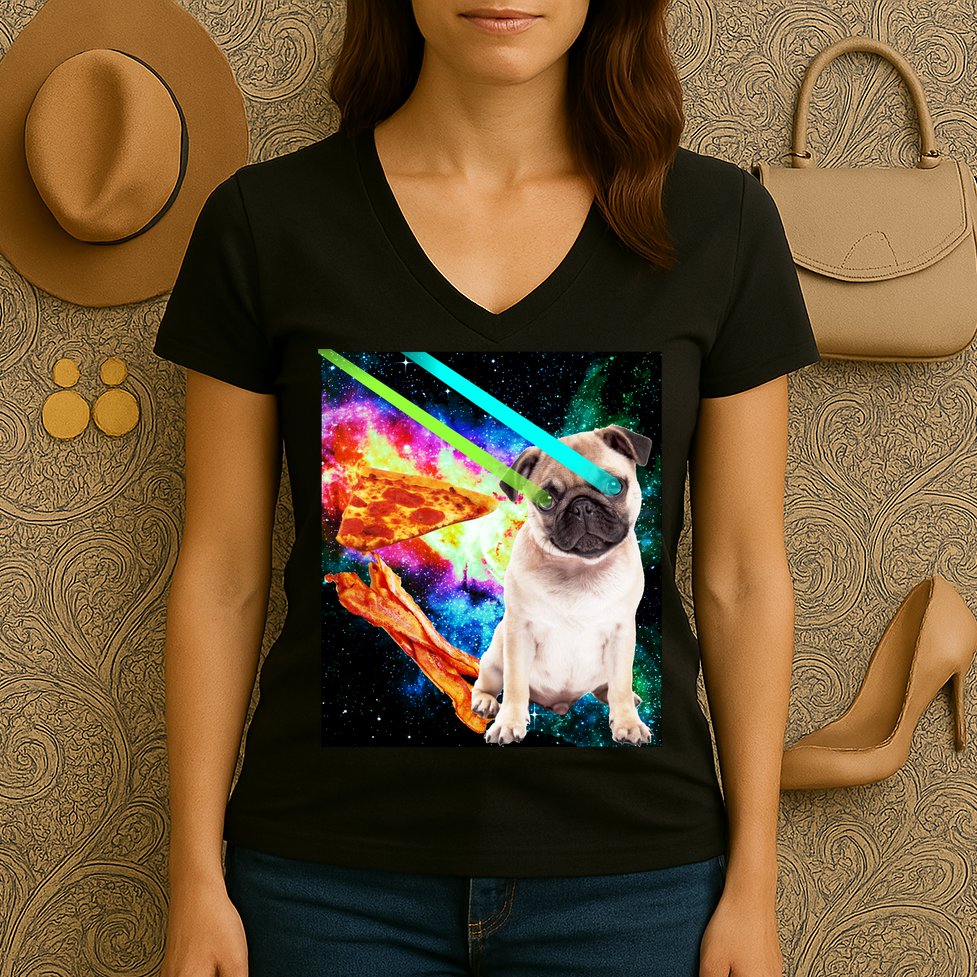 Space Hunger Pug Laser Pizza Bacon Women's V-Neck T-Shirt