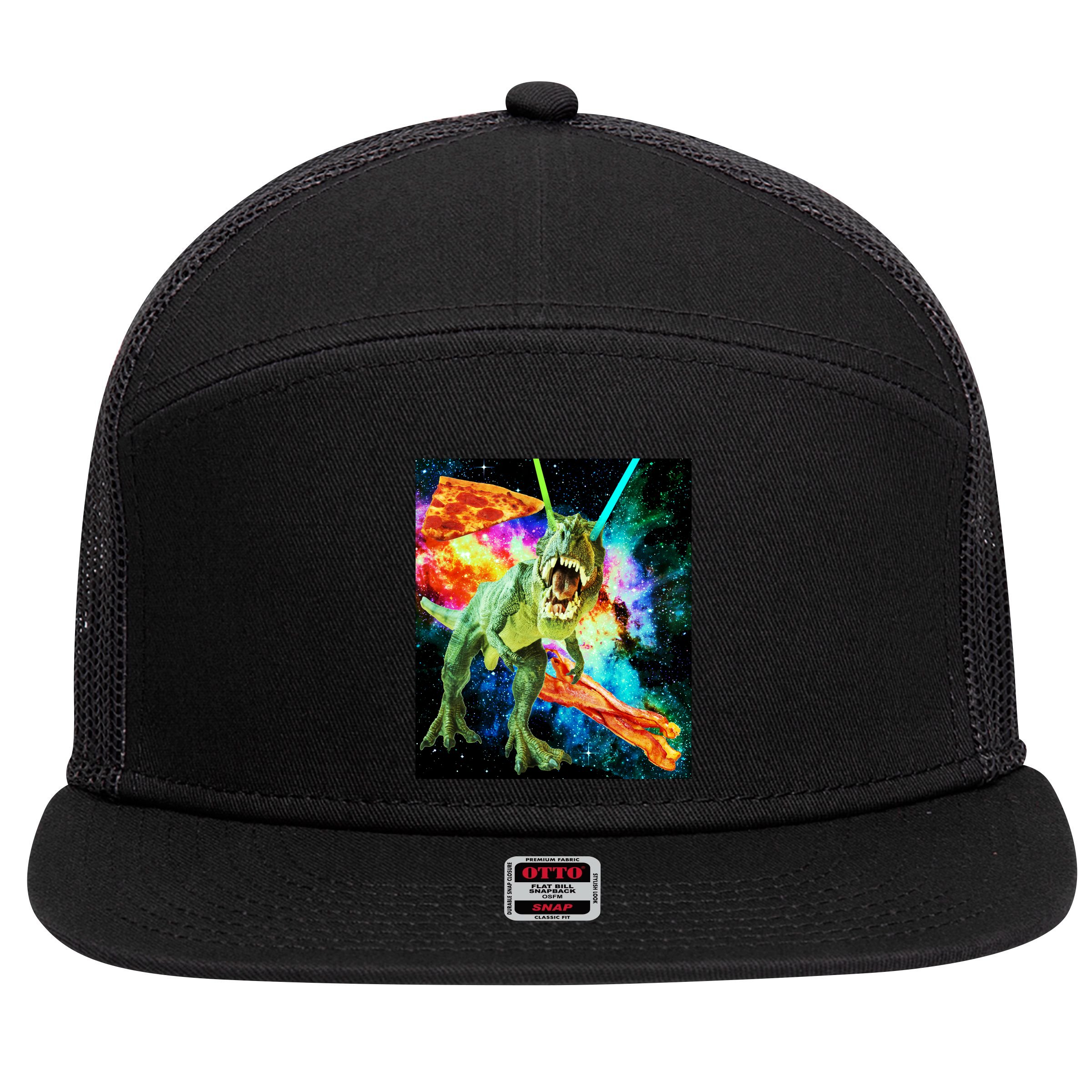 Space Hunger Wars T-Rex Pizza Bacon 7 Panel Mesh Trucker Snapback Hat