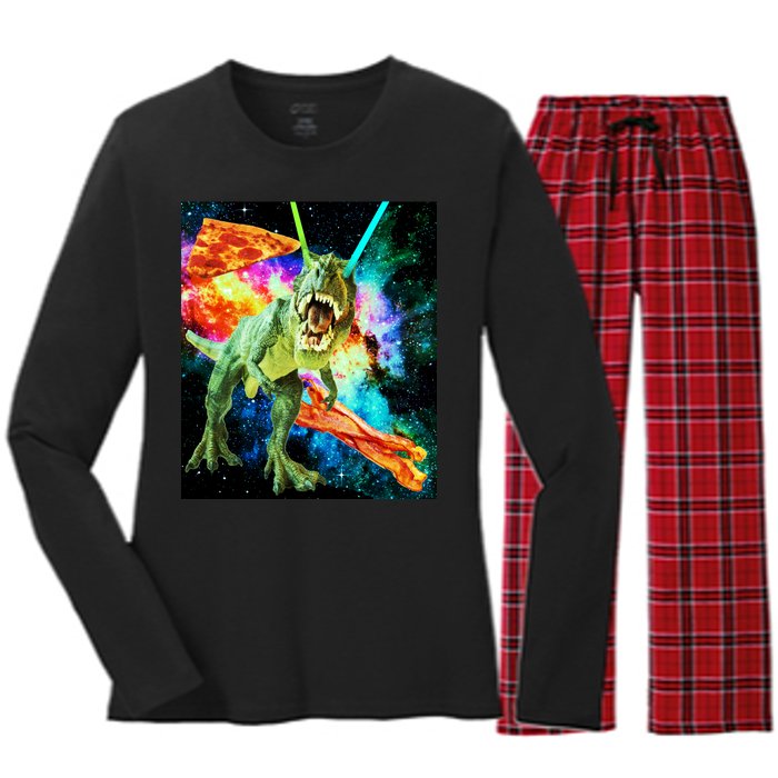 Space Hunger Wars T-Rex Pizza Bacon Women's Long Sleeve Flannel Pajama Set 