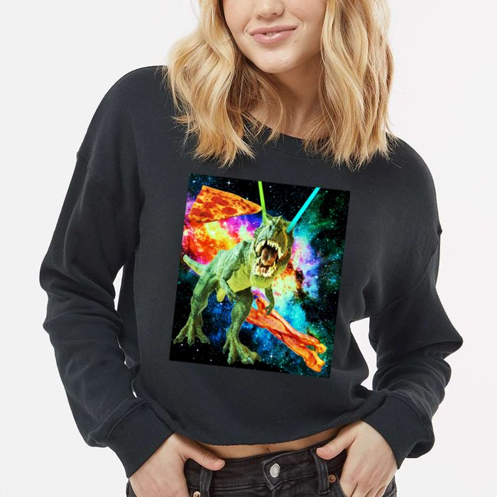Space Hunger Wars T-Rex Pizza Bacon Cropped Pullover Crew
