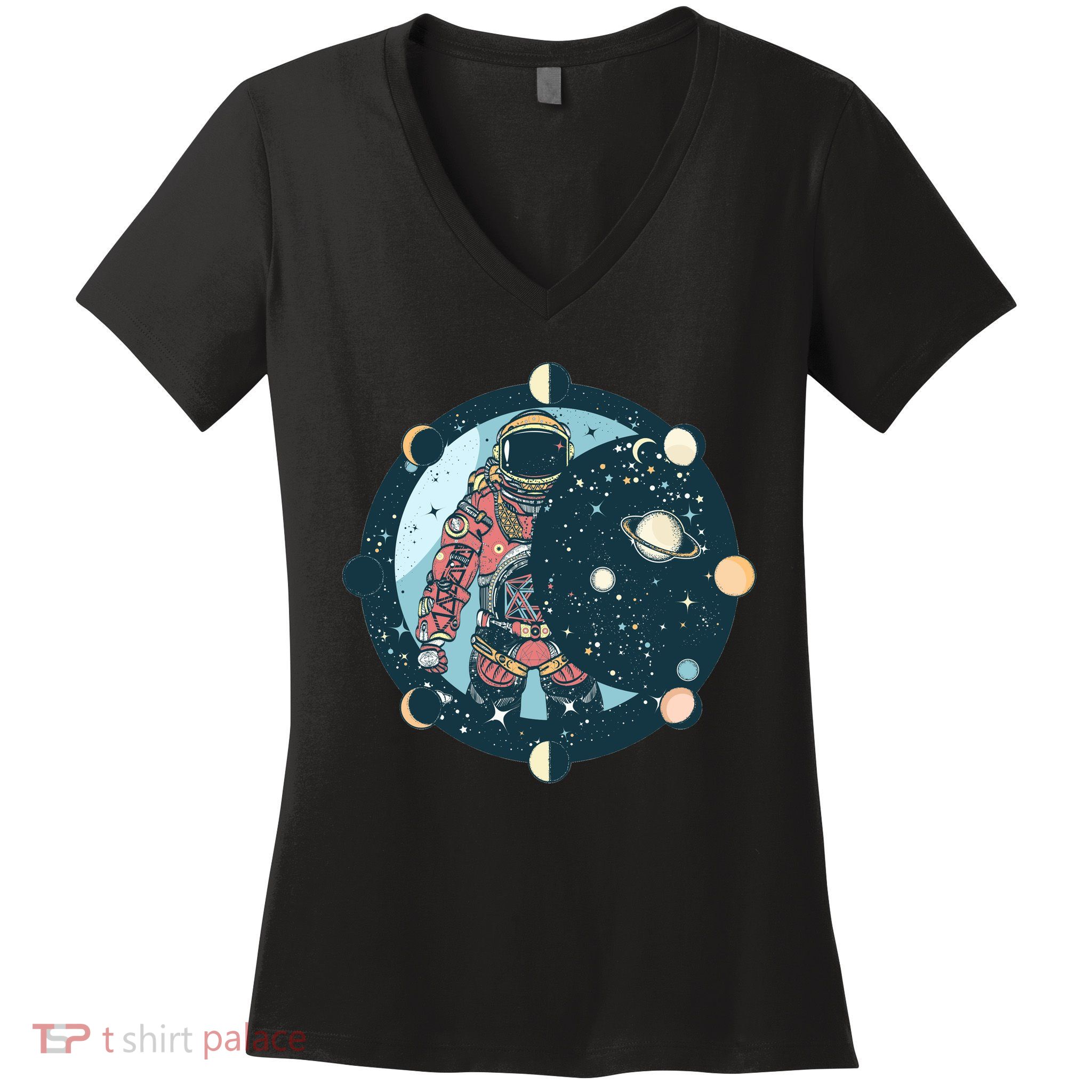 Spaceman Moon Cycle Women's V-Neck T-Shirt