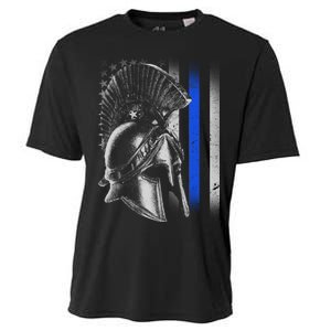 Spartan Police Blue Thin Line Flag Cooling Performance Crew T-Shirt