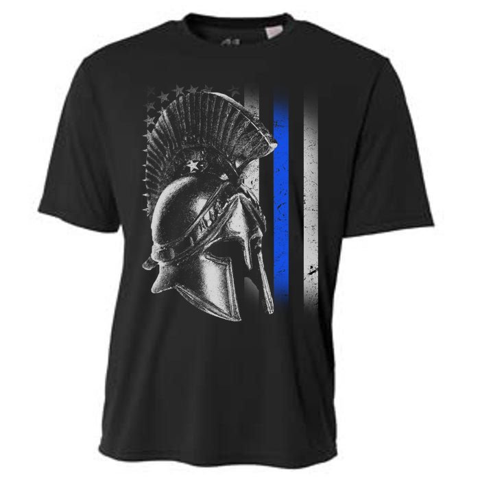 Spartan Police Blue Thin Line Flag Cooling Performance Crew T-Shirt