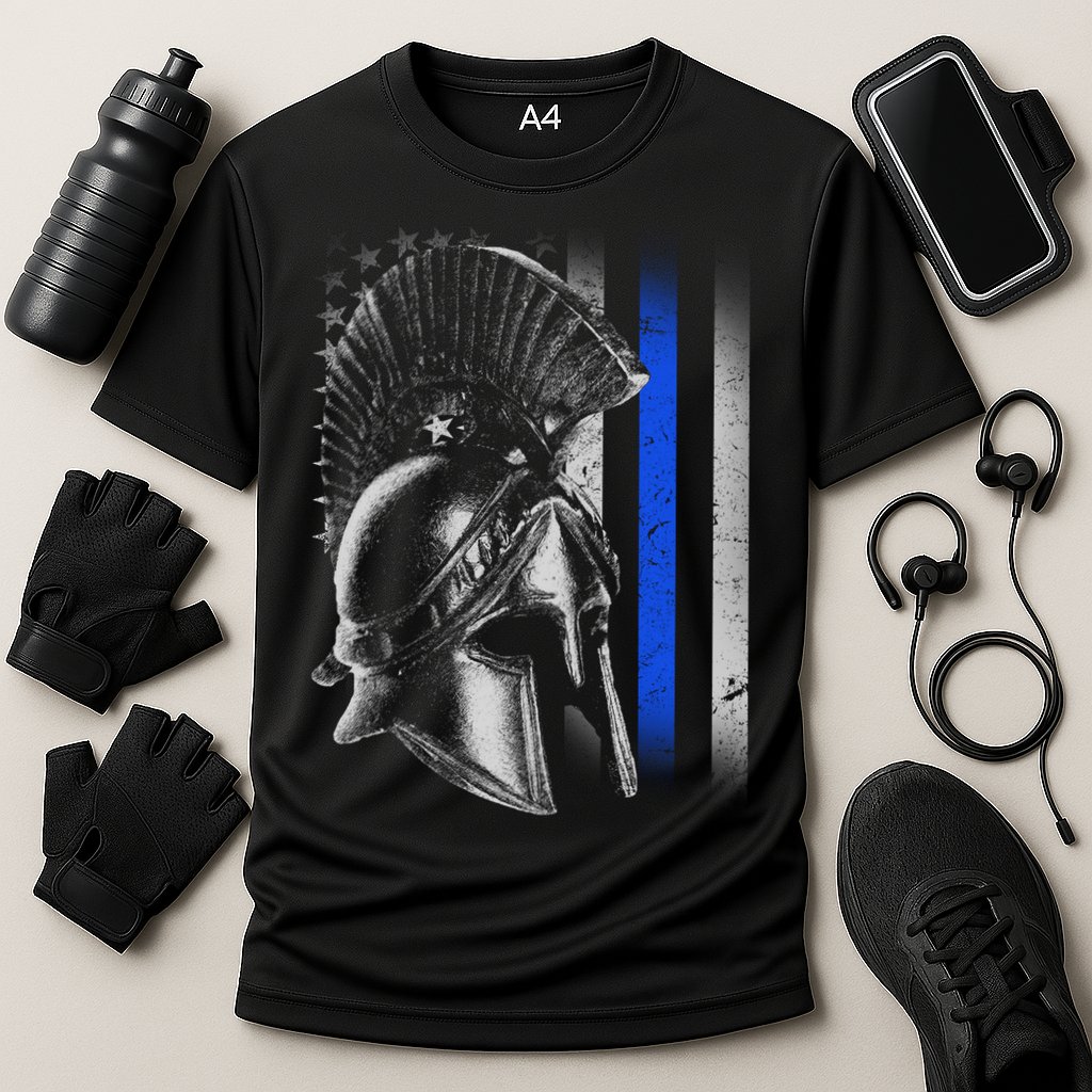 Spartan Police Blue Thin Line Flag Cooling Performance Crew T-Shirt