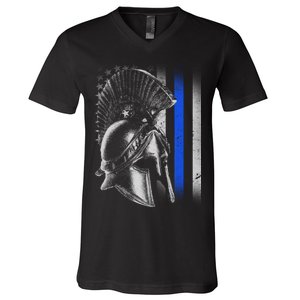 Spartan Police Blue Thin Line Flag V-Neck T-Shirt