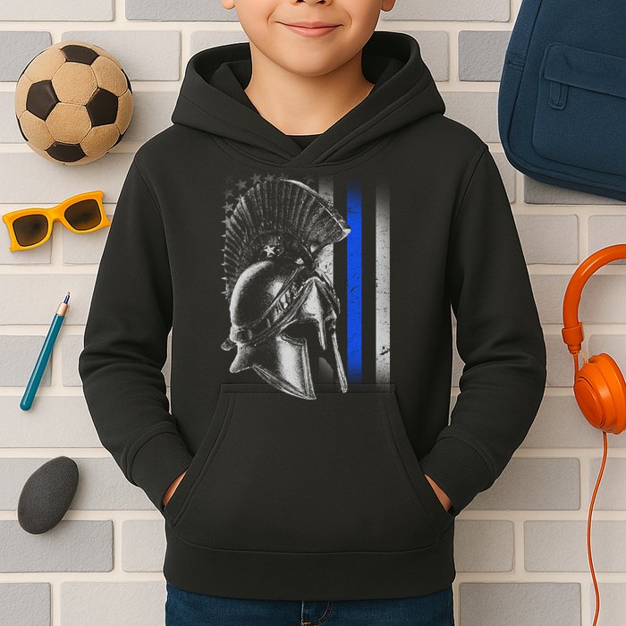 Spartan Police Blue Thin Line Flag Kids Hoodie
