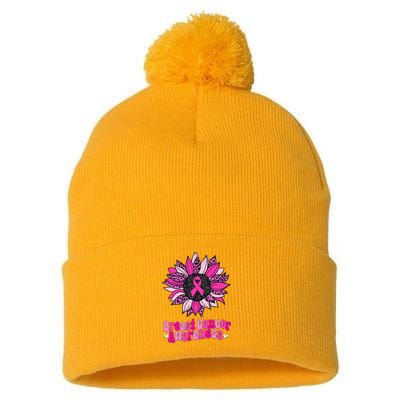 Sunflower Pink Breast Cancer Awareness Cancer Warrior Pom Pom 12in Knit Beanie