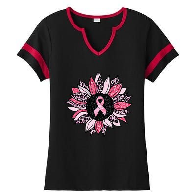 Sunflower Pink Breast Cancer Awareness  Warrior Ladies Halftime Notch Neck Tee