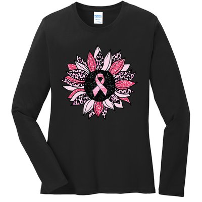 Sunflower Pink Breast Cancer Awareness  Warrior Ladies Long Sleeve Shirt