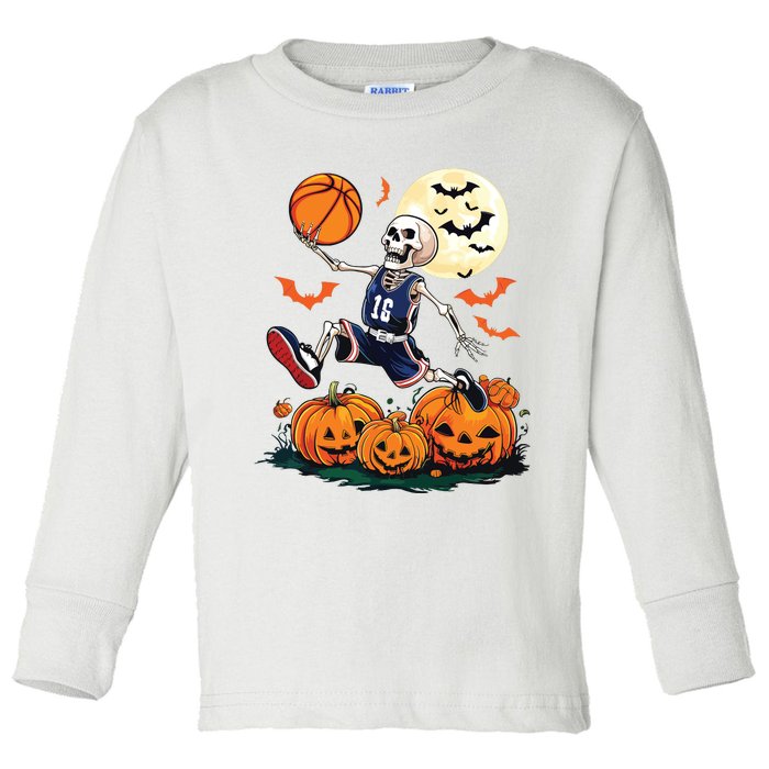 Skeleton Playing Basketball Halloween Boy Basketball Toddler Long Sleeve Shirt