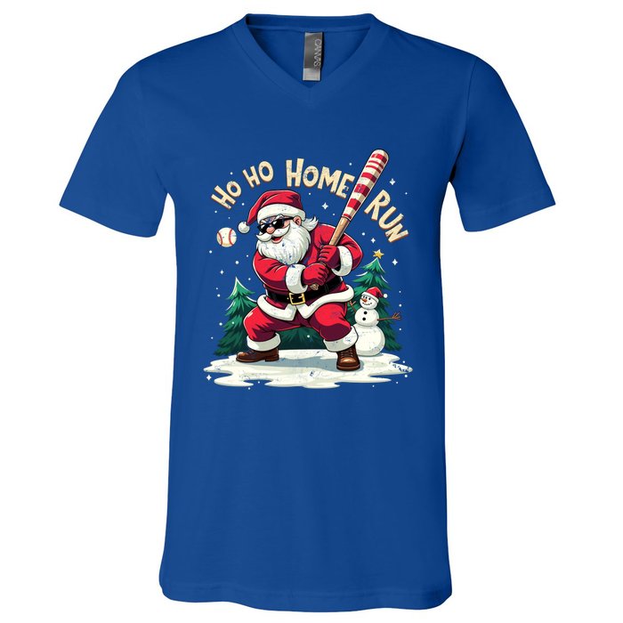 Santa Playing Baseball Ho Ho Home Run Baseball Christmas Gift V-Neck T-Shirt