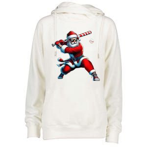 Santa Playing Baseball Christmas Baseball Player Womens Funnel Neck Pullover Hood