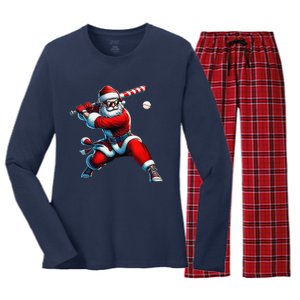 Santa Playing Baseball Christmas Baseball Player Women's Long Sleeve Flannel Pajama Set 