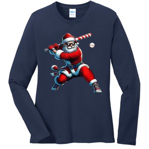 Santa Playing Baseball Christmas Baseball Player Ladies Long Sleeve Shirt