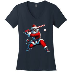 Santa Playing Baseball Christmas Baseball Player Women's V-Neck T-Shirt