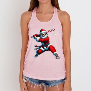 Santa Playing Baseball Christmas Baseball Player Women's Knotted Racerback Tank