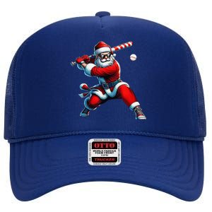 Santa Playing Baseball Christmas Baseball Player High Crown Mesh Back Trucker Hat