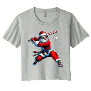 Santa Playing Baseball Christmas Baseball Player Women's Crop Top Tee