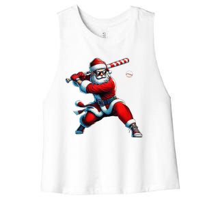 Santa Playing Baseball Christmas Baseball Player Women's Racerback Cropped Tank