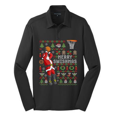 Santa Playing Basketball Ugly Christmas Sweater Holiday Tee Gift Silk Touch Performance Long Sleeve Polo