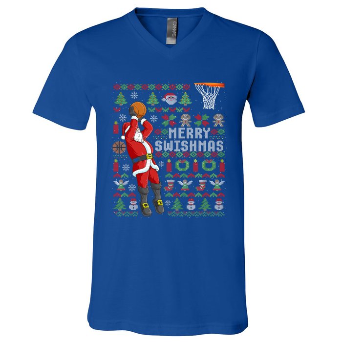 Santa Playing Basketball Ugly Christmas Sweater Holiday Tee Gift V-Neck T-Shirt