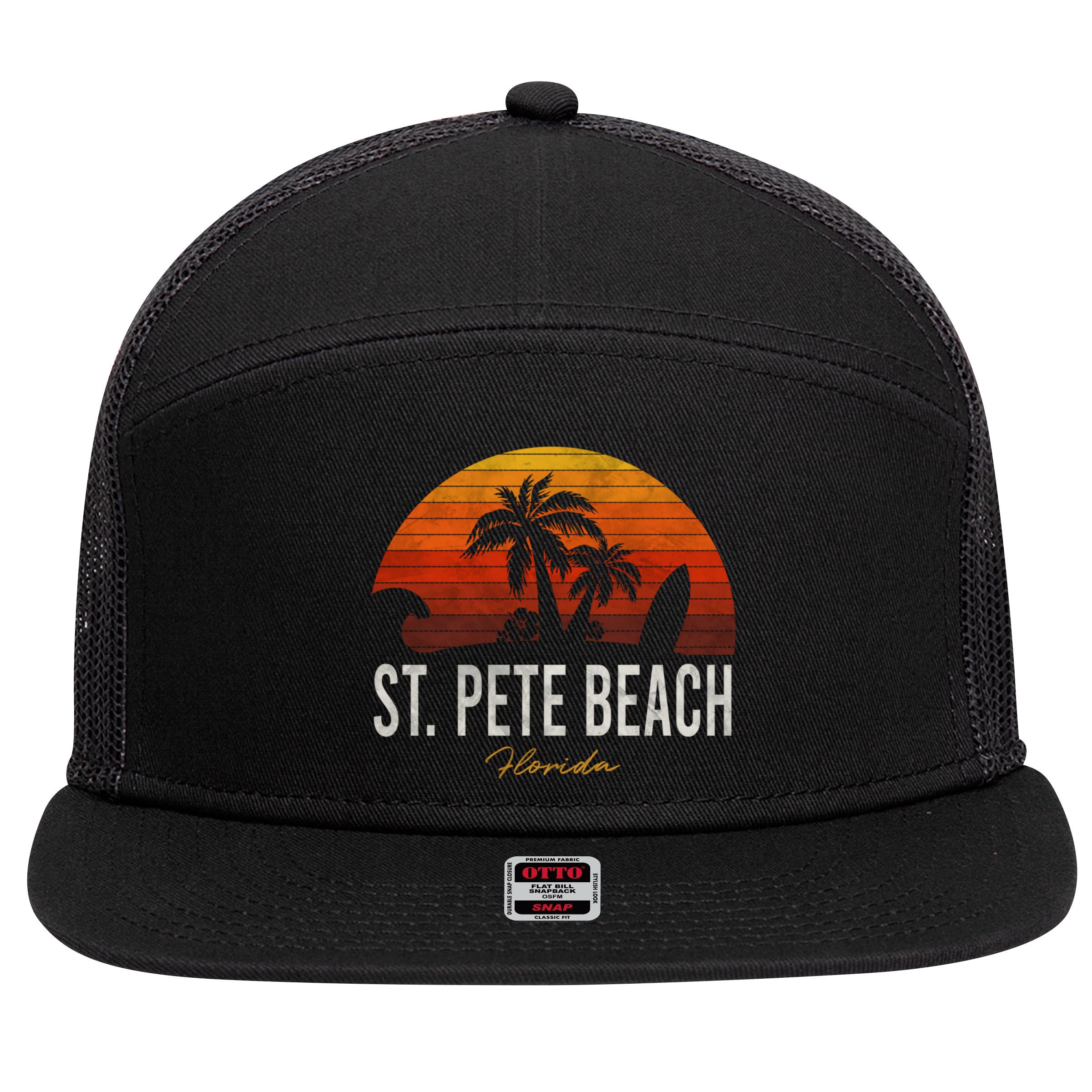 St Pete Beach Florida Fl Palms Vacation Surf Sunset Gift 7 Panel Mesh Trucker Snapback Hat