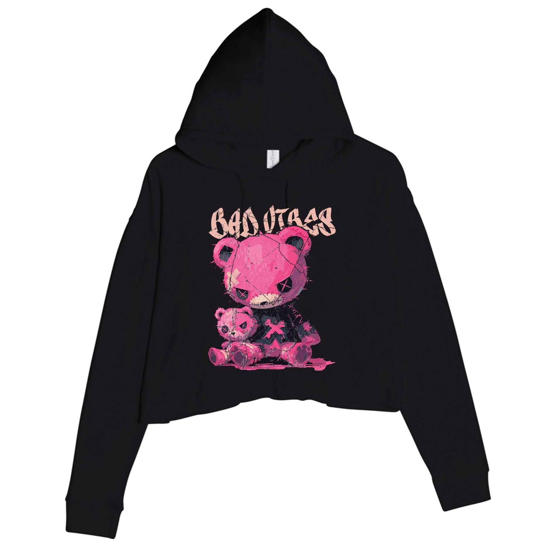 Stitched Plush Bear Cute Gothic Crop Fleece Hoodie