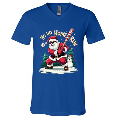 Santa Playing Baseball Ho Ho Home Run Baseball Christmas Cute Gift V-Neck T-Shirt