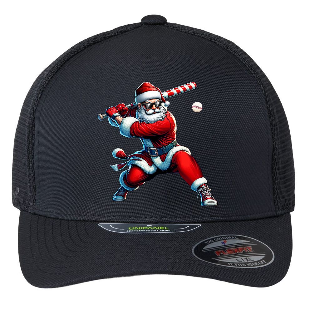 Santa Playing Baseball Christmas Baseball Player Flexfit Unipanel Trucker Cap