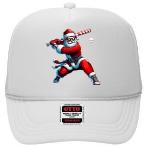 Santa Playing Baseball Christmas Baseball Player High Crown Mesh Back Trucker Hat