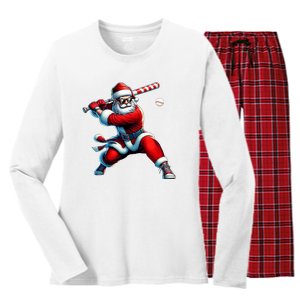 Santa Playing Baseball Christmas Baseball Player Women's Long Sleeve Flannel Pajama Set 