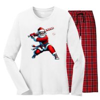 Santa Playing Baseball Christmas Baseball Player Women's Long Sleeve Flannel Pajama Set 